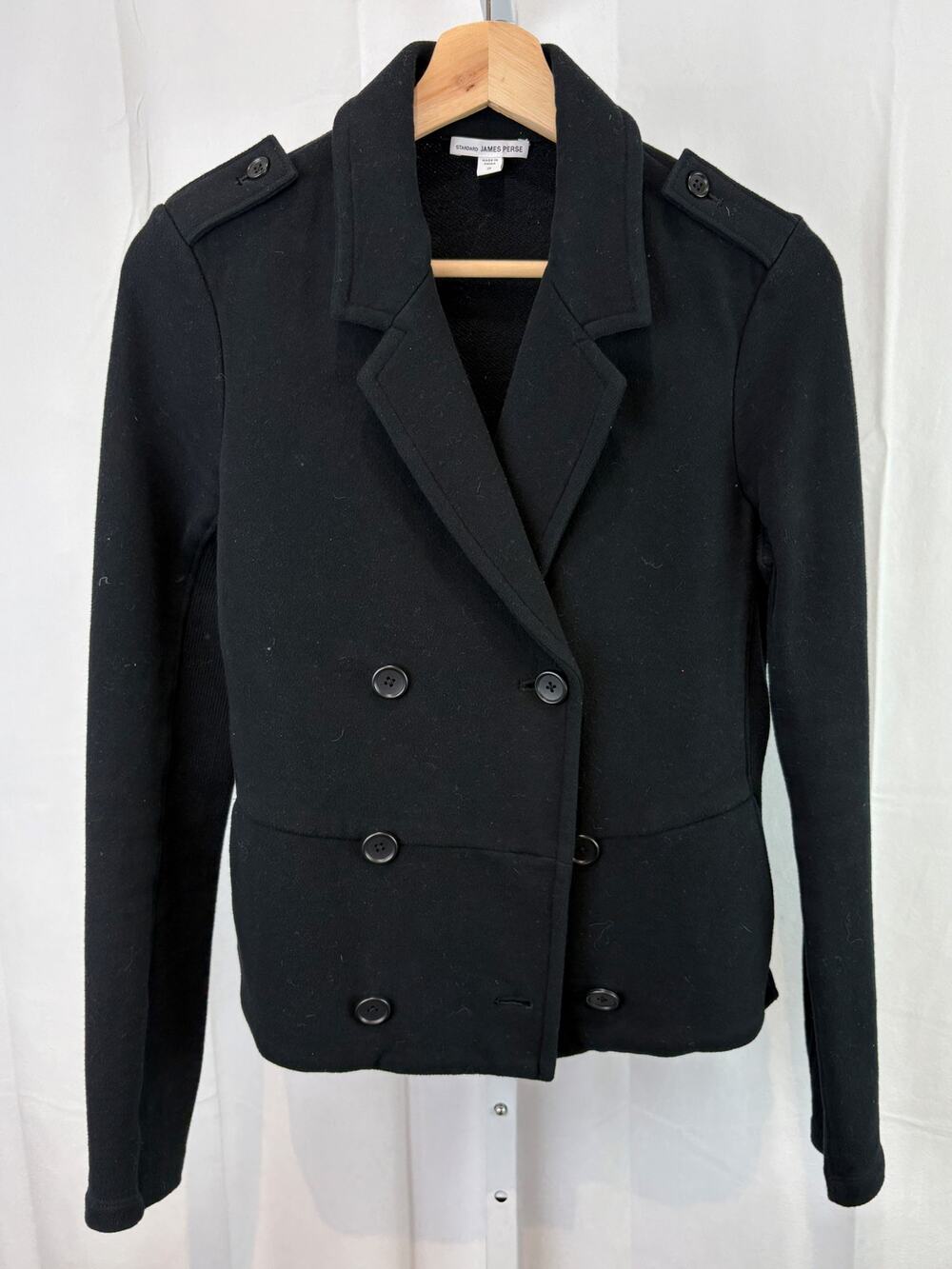 JAMES PERSE 2 MS tandard Double Breasted Knit Peacoat Jacket Ribbed Sleeve Black